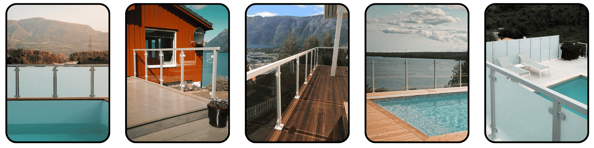 Bildcollage mit fünf Alu Classic Geländern in Weiß und Silber, montiert an Terrassen und Pools mit Glasfüllung in naturnaher Umgebung.