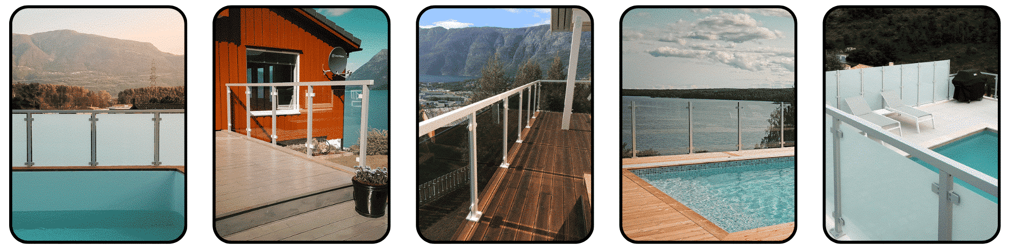 Bildmontage med fem Alu Classic-räcken i vitt och silver, monterade vid altaner och pooler med glasfyllning i naturnära miljöer.