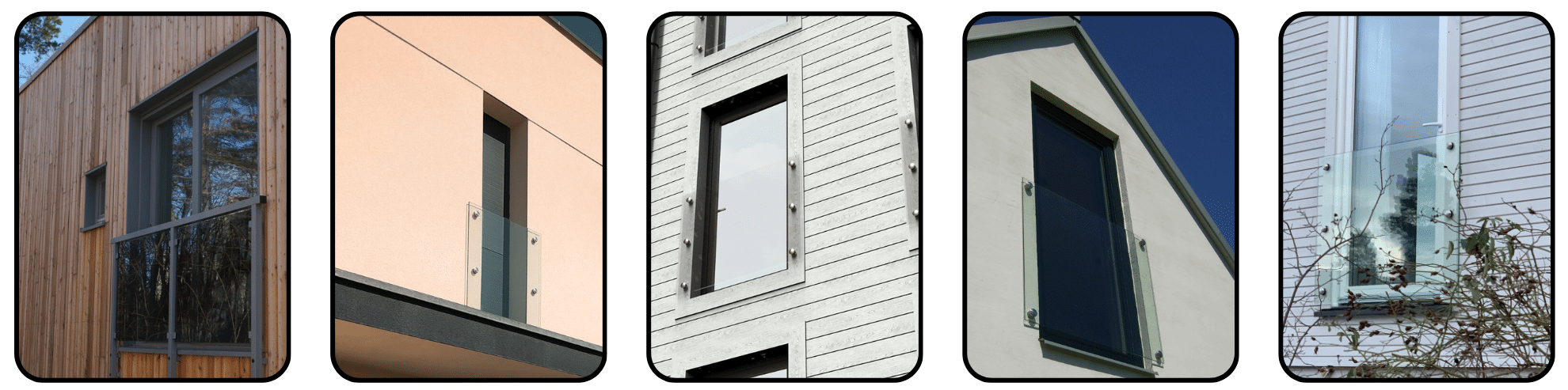 Eksempler på franske glassbalkonger montert på tre-, puss- og hvitmalte fasader i forskjellige stilarter.