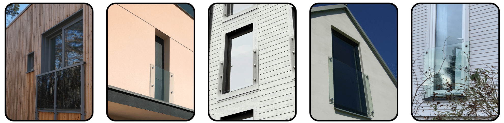 Examples of glass Juliet balconies installed on wood, render and white-painted facades, showcasing different architectural styles.