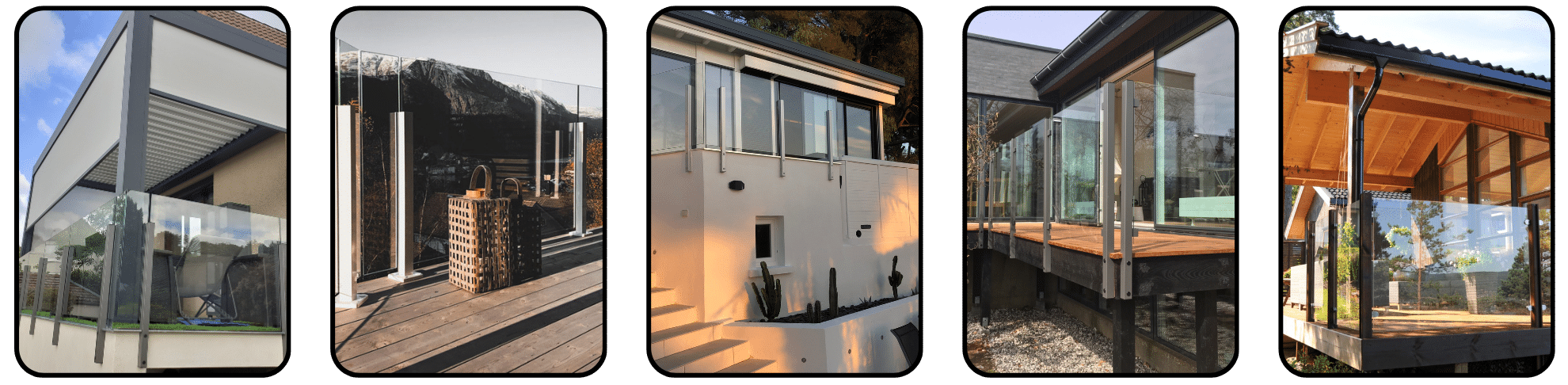 Collage of five modern patios with glass railings featuring black or silver aluminium profiles – often combined with wood and open views.