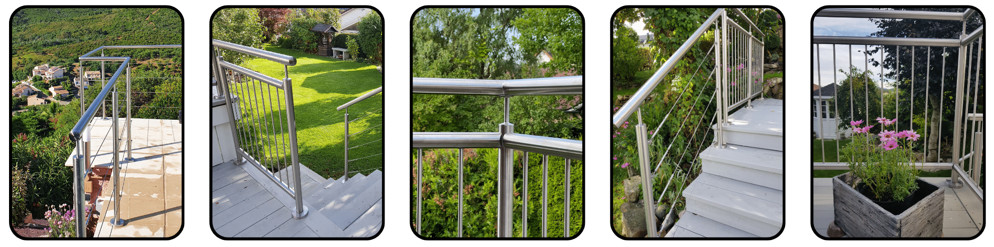 Collage of five environmental shots of stainless steel railings – featuring both vertical bars and wires on stairs and outdoor terraces.