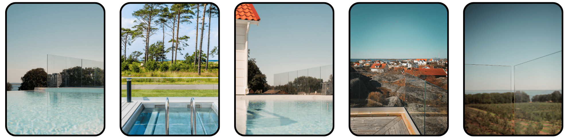 Collage of five outdoor environments featuring frameless glass railings around pools and terraces – glass blends into the landscape offering uninterrupted views.
