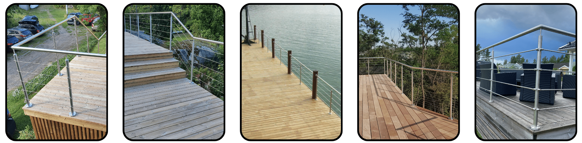 Collage of five different outdoor settings with stainless steel wire railings – installed on decks, stairways and jetties in natural and built environments.