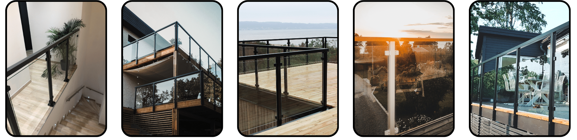 Collage met vijf Alu Classic balustrades in zwart en wit, bodemgemonteerd op terrassen, balkons en trappen met glasvulling.