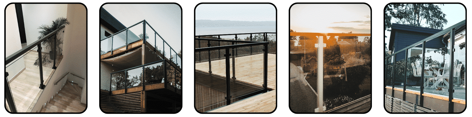 Bildmontage med fem Alu Classic-räcken i svart och vitt, bottenmonterade på altaner, balkonger och trappor med glasinfattning.
