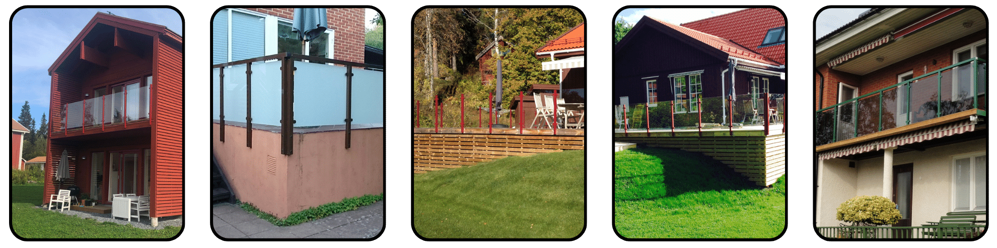 Collage of five homes featuring aluminium railings in colour – including brown posts, red frames and frosted glass with greenery.