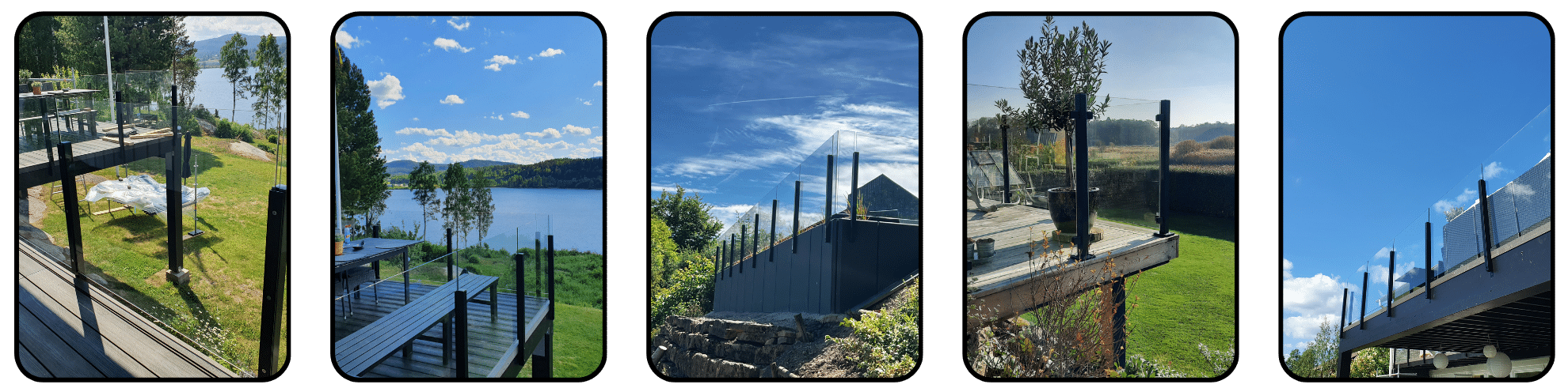Five outdoor spaces with black-profiled glass railings from Alu Modern – on decks, terraces and balconies with lake views and natural surroundings.
