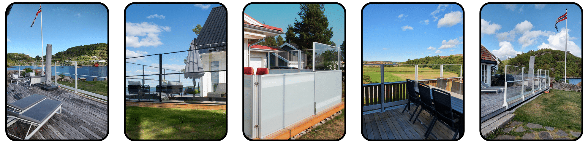 Collage of five outdoor areas with adjustable aluminium and glass railings – with features like decking, parasols and Norwegian coastal views.