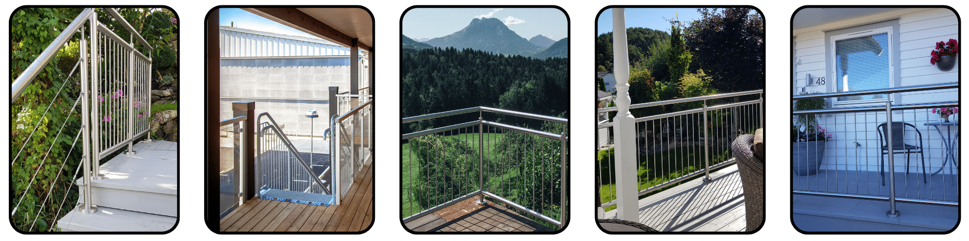 Collage showing five examples of stainless steel railings – on patios, staircases and balconies, with rods, wires and polished steel combinations.