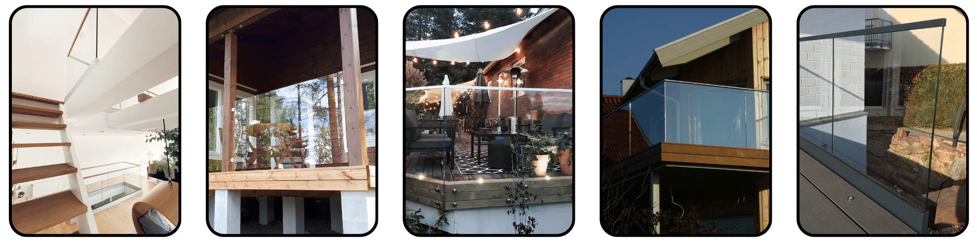 Five images showcasing frameless glass railings both indoors and outdoors – from staircases in modern homes to balconies and terraces with floor-mounted fixings.