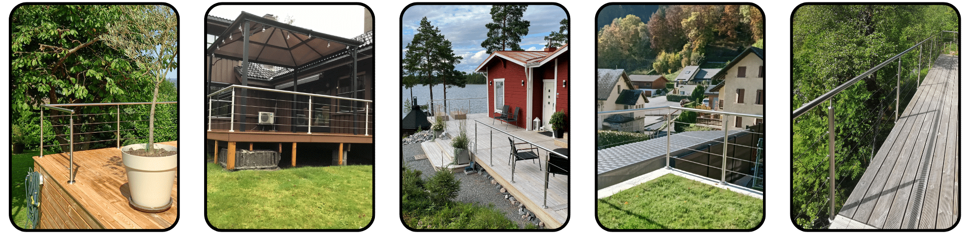 Five images showing wire railings in various contexts – from a compact terrace to a rooftop balcony, lakeside home and a narrow forest walkway.