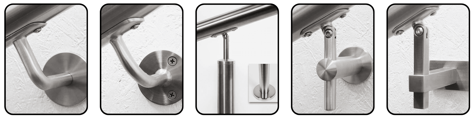 Close-up of five different stainless steel wall mounts for timber or metal handrails, displayed on white interior wall.
