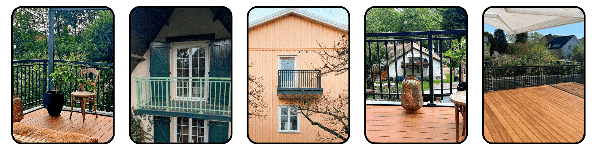 Fem bilder på smidesräcken i svart och grönt utförande monterade som altanräcke, balkongräcke och uteräcke i varierande miljöer.