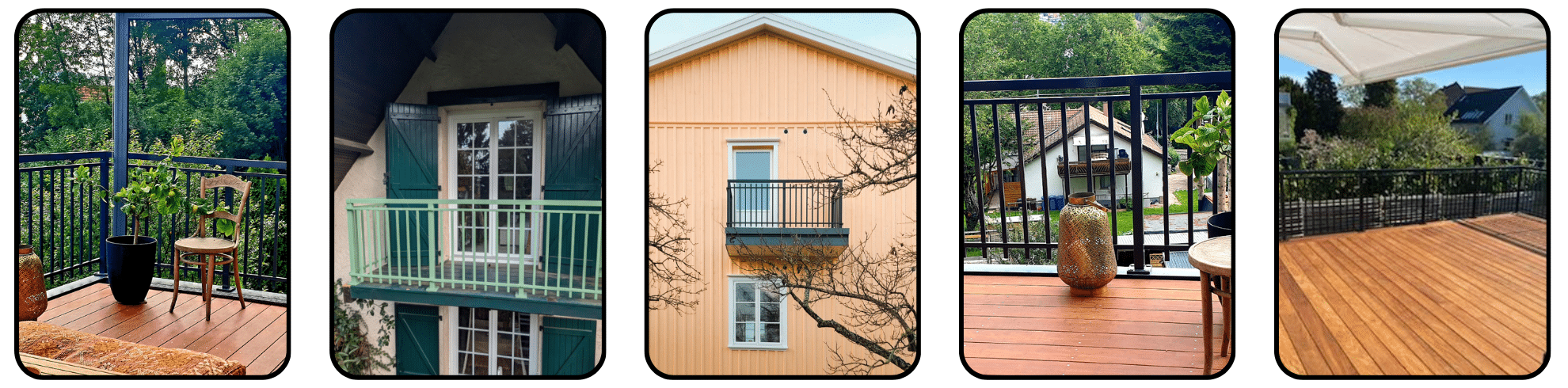 Fem bilder av smijernsrekkverk i svart og grønn utførelse montert som rekkverk til terrasse, balkong og hagestue i varierte omgivelser.