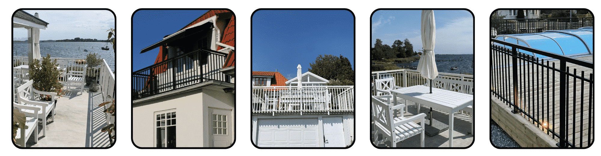 Fem bilder som visar vita och svarta smidesräcken i klassisk stil monterade vid altaner, balkonger och poolmiljöer med utsikt mot hav eller trädgård.