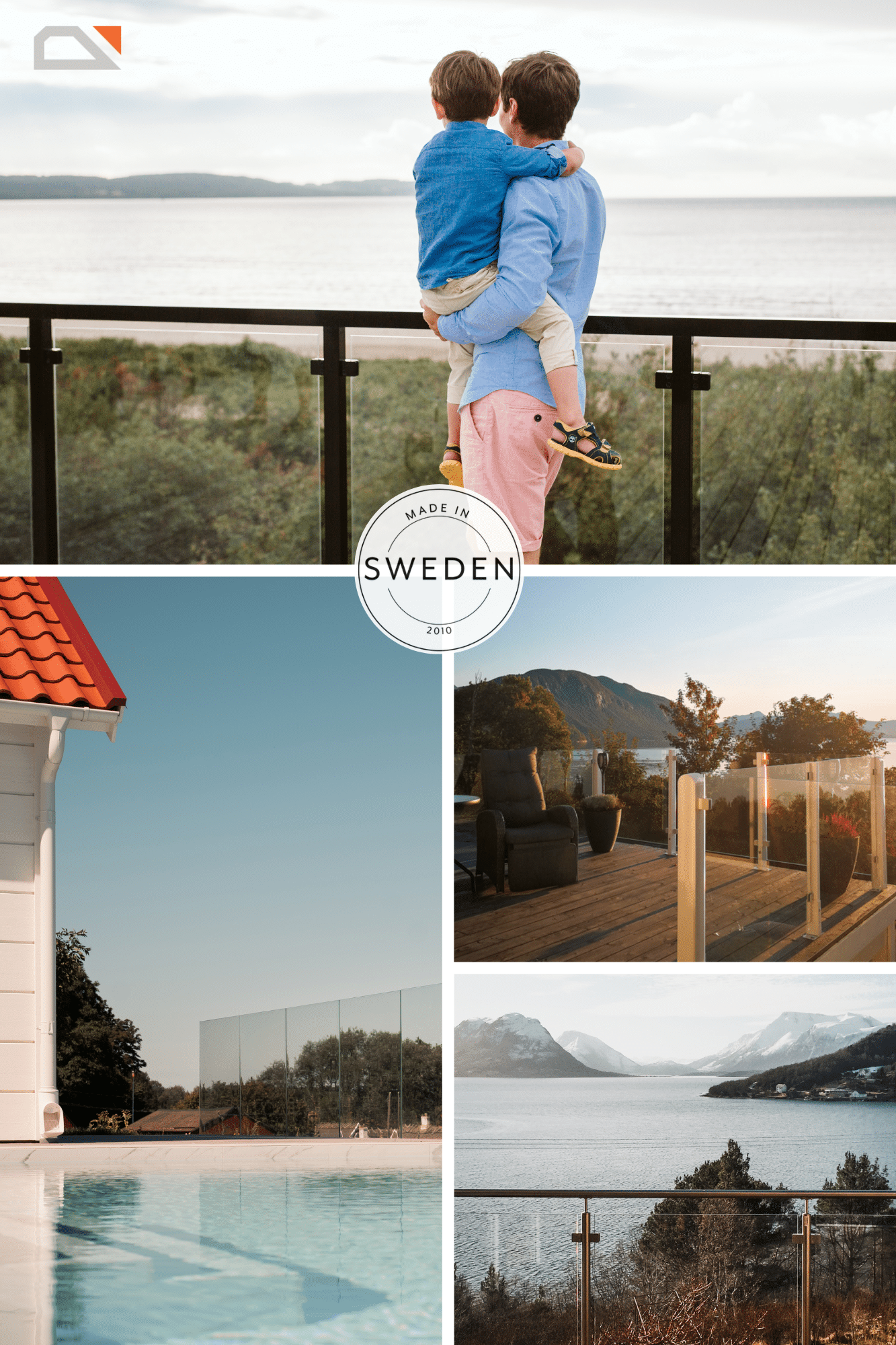 Collage showing black, white and frameless glass railings by sea, mountains, terraces and pools with the text "Made in Sweden".