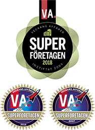 Three award badges from Veckans Affärer recognising the company as a Superföretag in 2016, 2017 and 2018 for outstanding business performance.